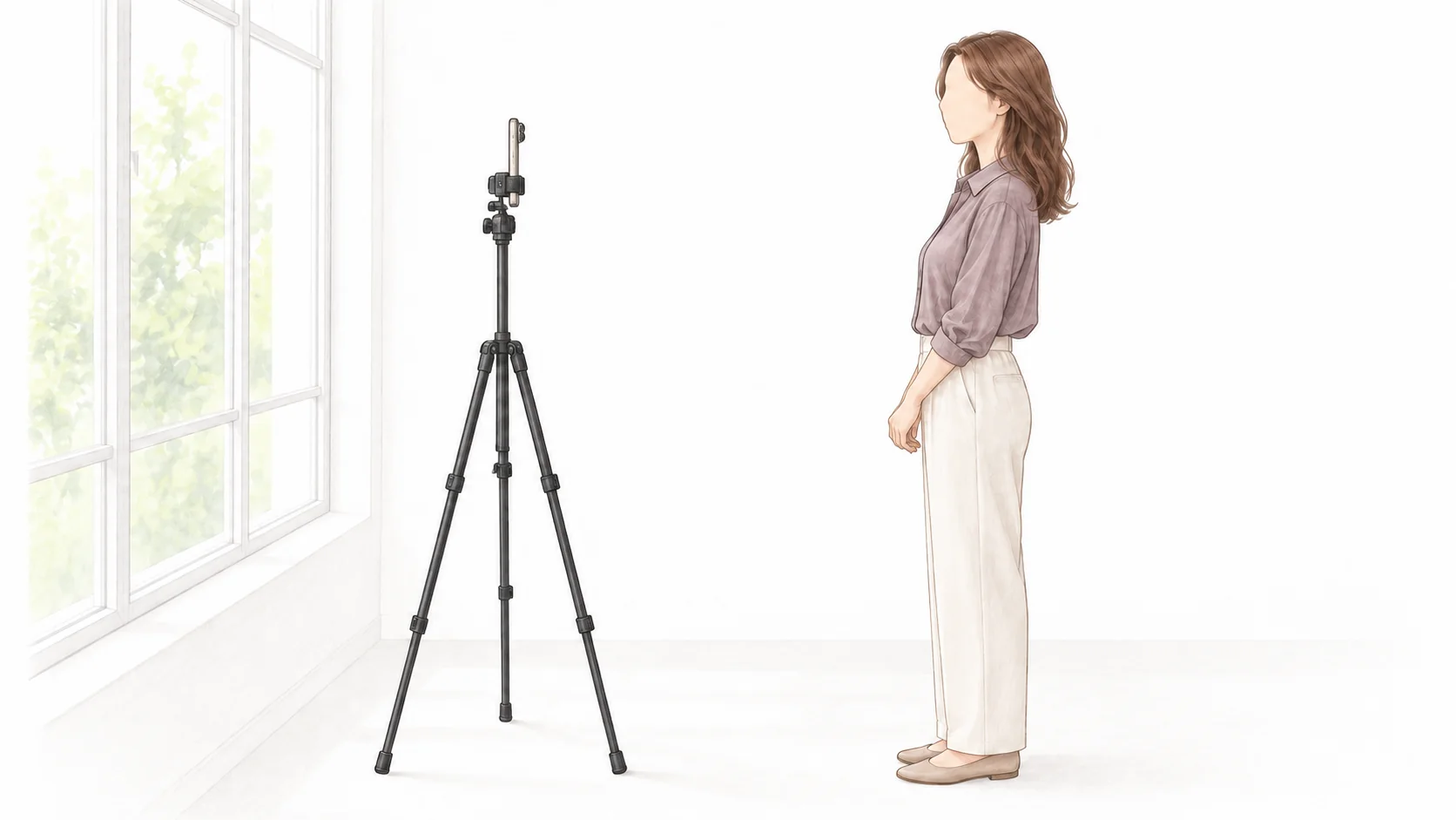 窓の近くで、三脚に固定したスマホの正面に立つ人を横から見た図。窓の光、スマホの高さ、立つ位置に番号を付けている